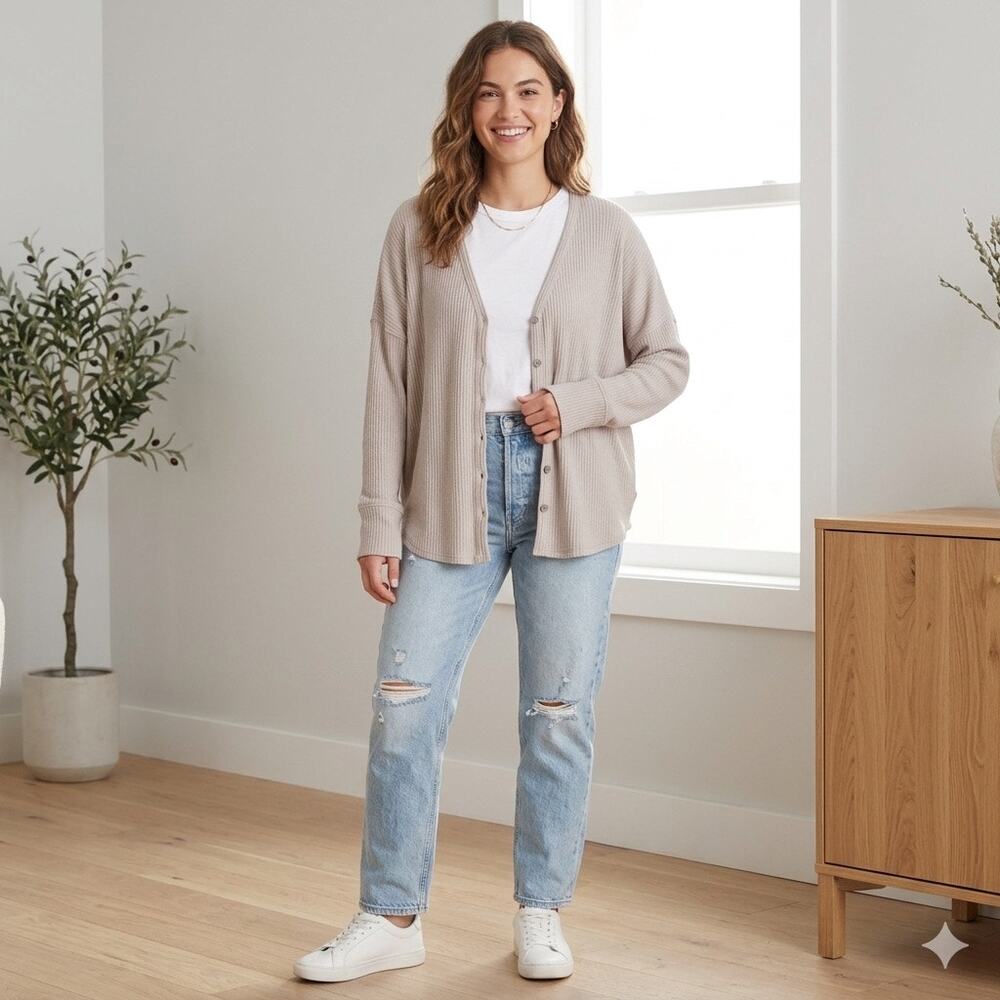 Abercrombie & Fitch Ribbed V-Neck Cardigan Sweater XL Oatmeal Heather Oversized